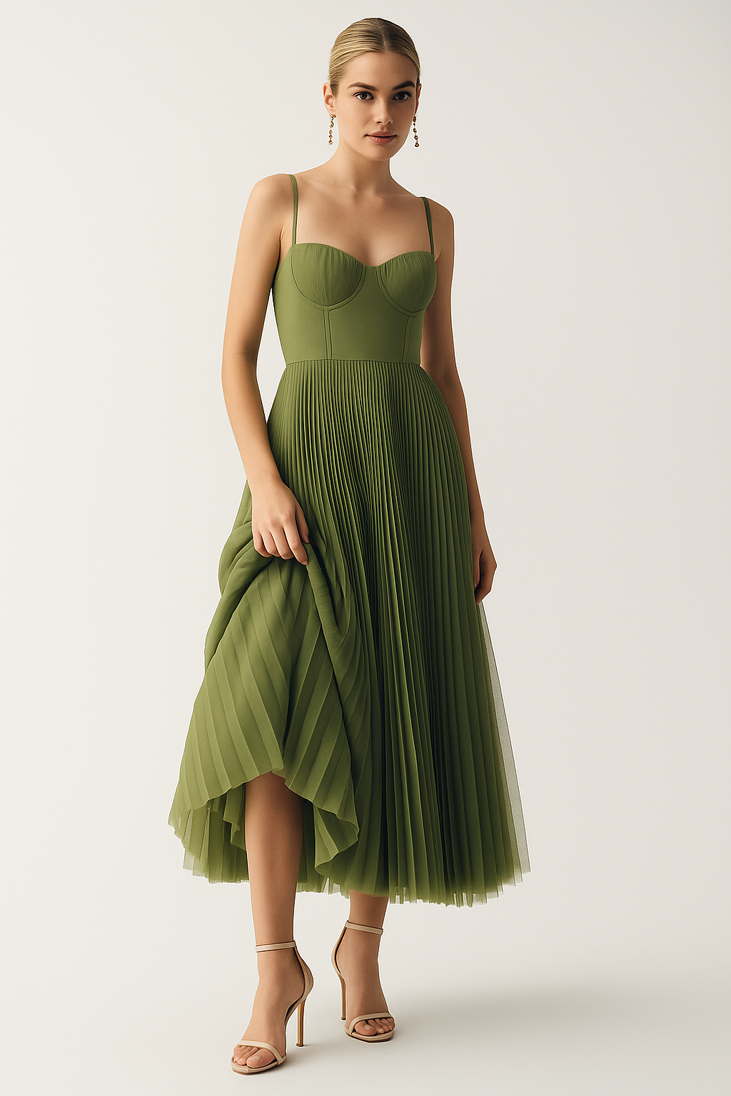 Romantische plissé midi-jurk met bustier – Olivia