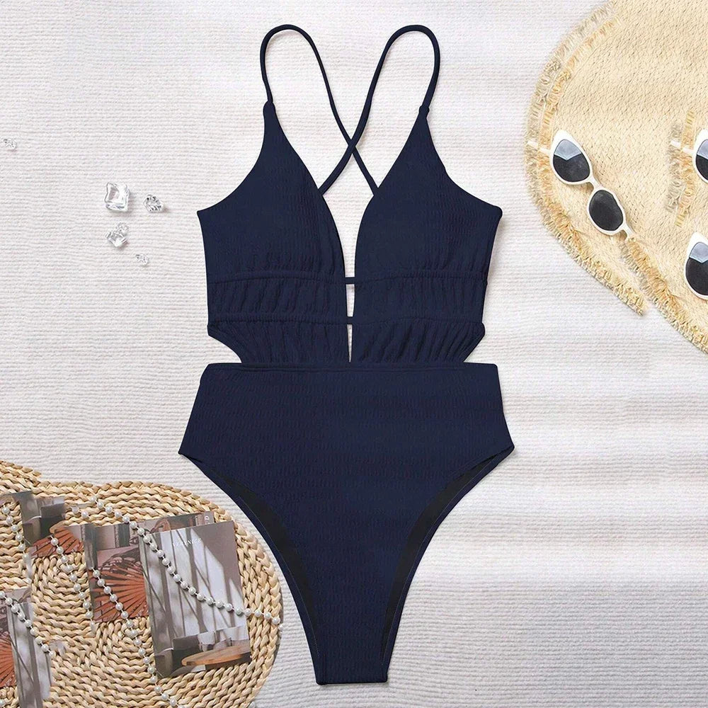 Geribbeld Badpak met Cross-Straps en Verstelbare Bandjes – Alvarisse