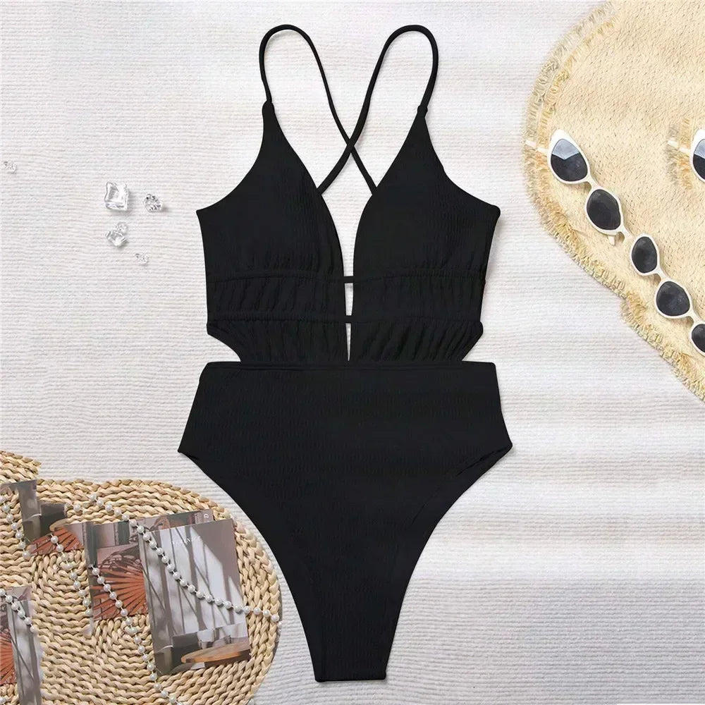 Geribbeld Badpak met Cross-Straps en Verstelbare Bandjes – Alvarisse