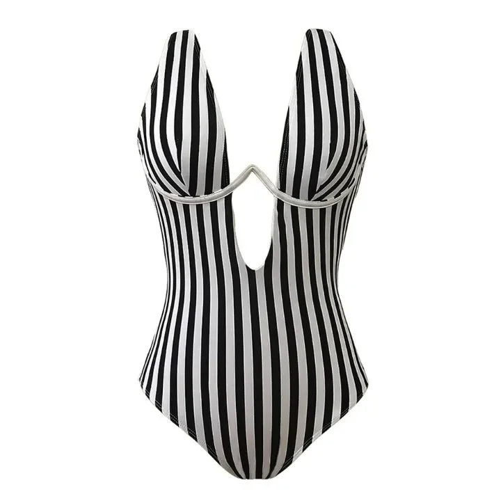 Gestreept Luxe Badpak Cut-Out V-Hals – Virella