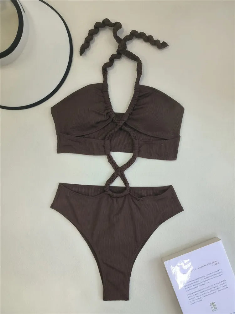Halter bikini dames bruin knoopdetails set – Selina