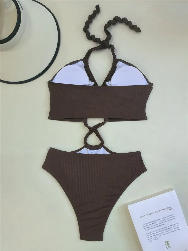 Halter bikini dames bruin knoopdetails set – Selina