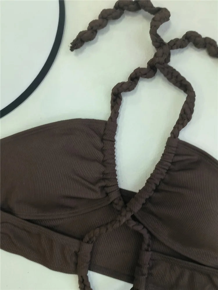 Halter bikini dames bruin knoopdetails set – Selina