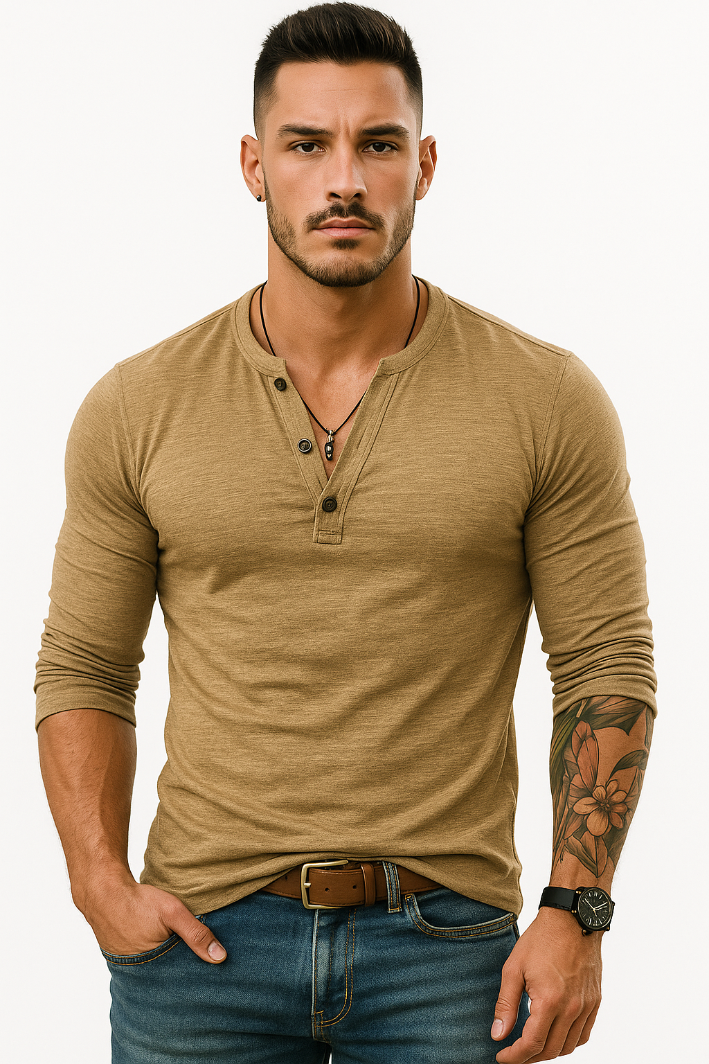 Lange mouwen Henley T-shirt voor heren kopen – Kian