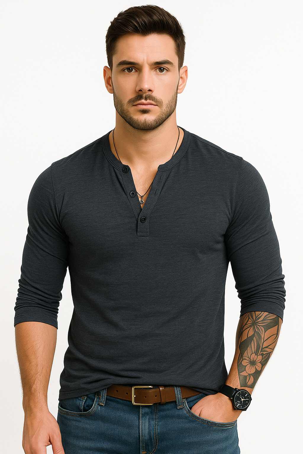 Lange mouwen Henley T-shirt voor heren kopen – Kian