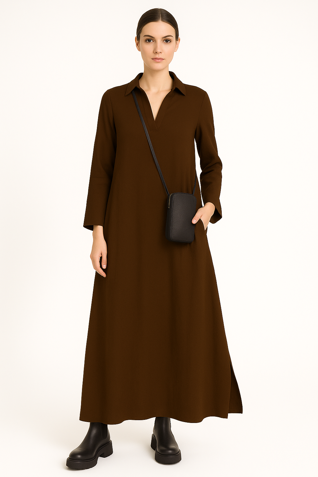 Relaxed maxi-jurk met split en reverskraag – Nova