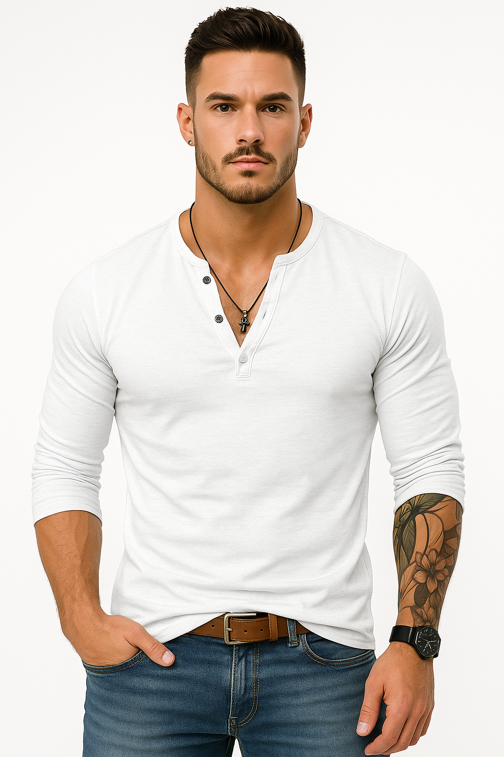 Lange mouwen Henley T-shirt voor heren kopen – Kian