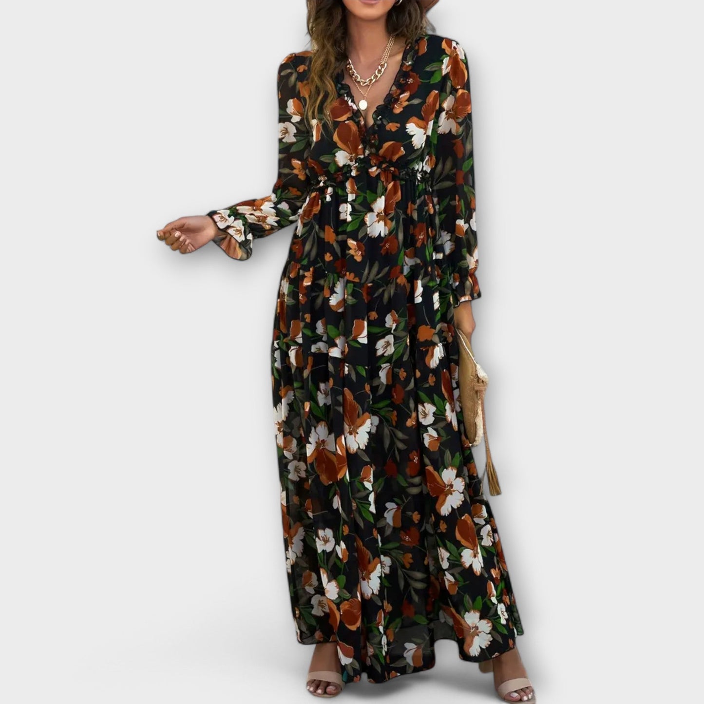 Maxi bloemenjurk V-hals elegant lange mouw – Fioroa