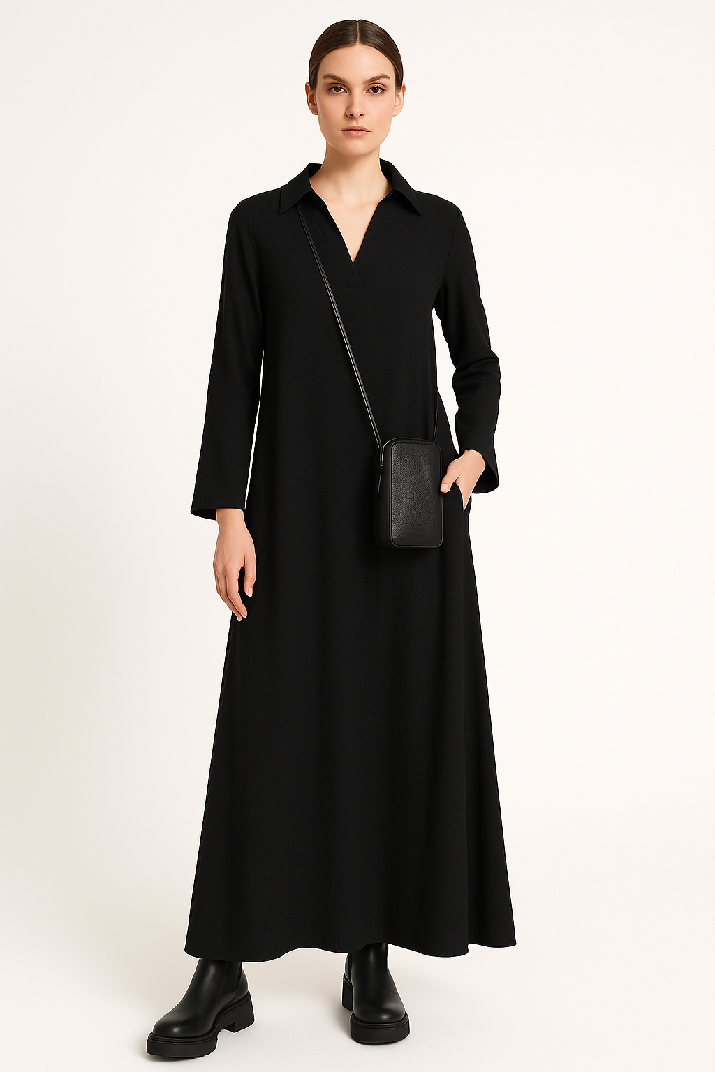 Relaxed maxi-jurk met split en reverskraag – Nova