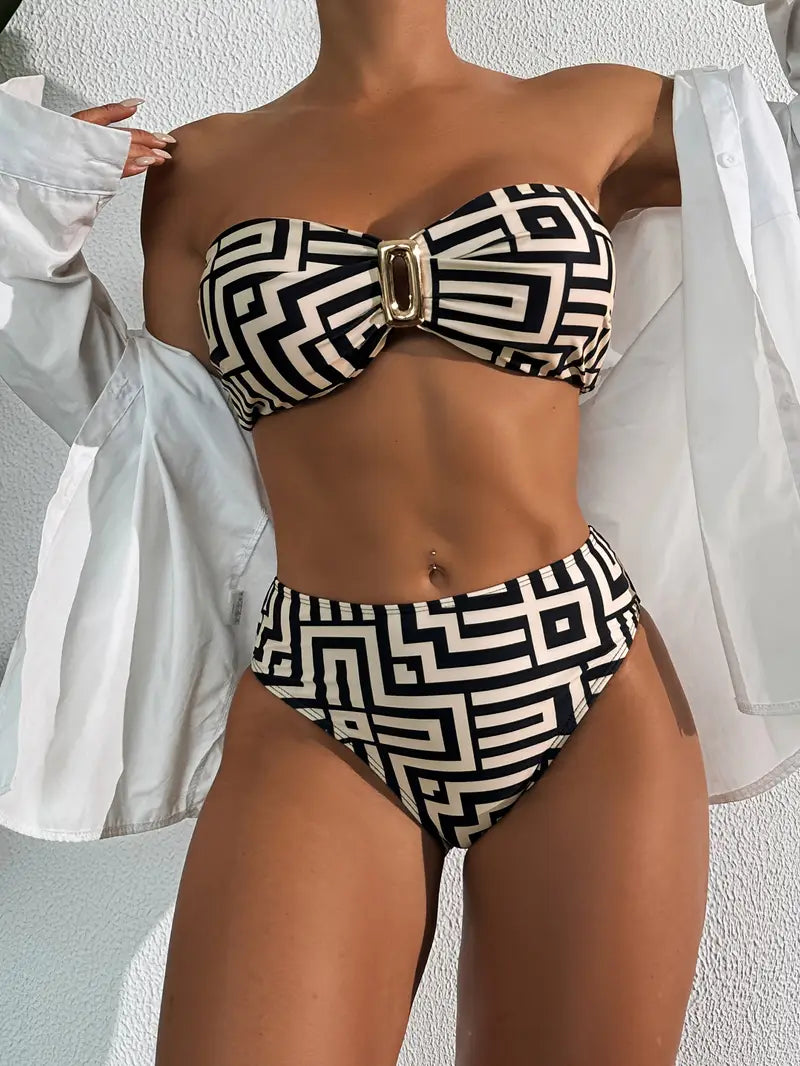 Bandeau bikini dames geometrische print set – Elina