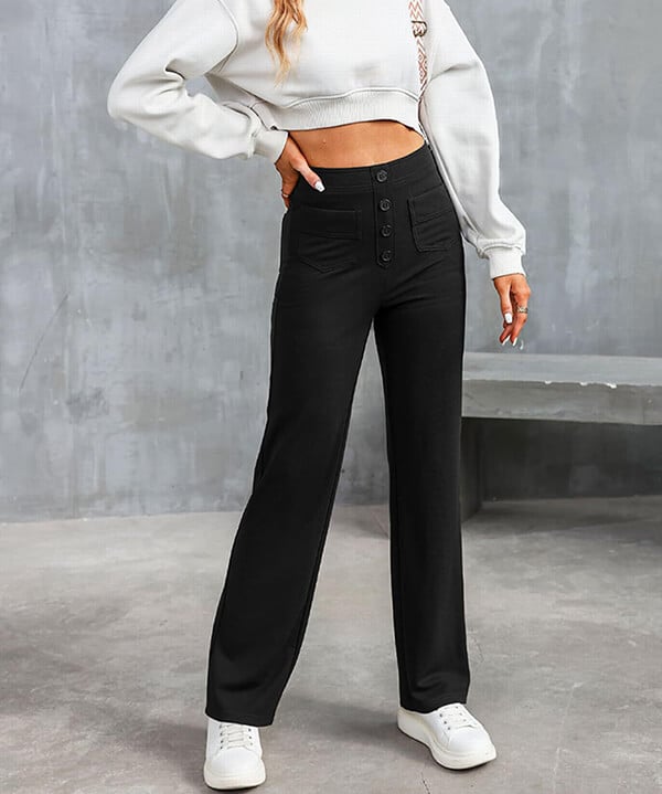 High waisted damesbroek elastisch met zakken en knoop – Zoe