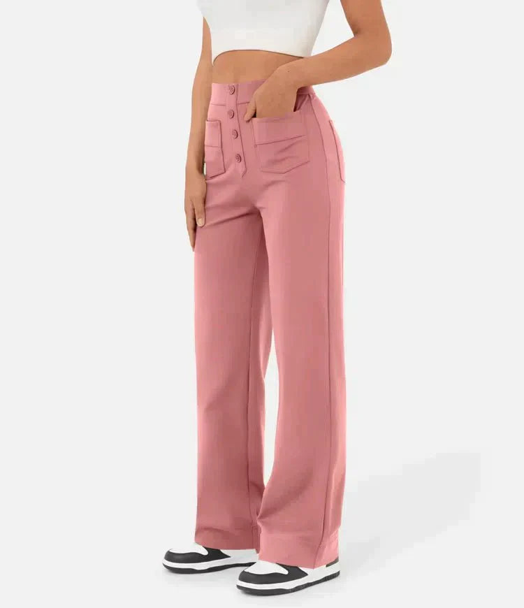 High waisted damesbroek elastisch met zakken en knoop – Zoe