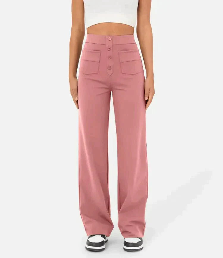 High waisted damesbroek elastisch met zakken en knoop – Zoe