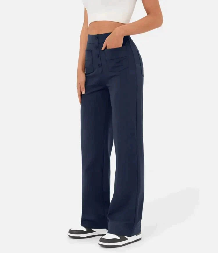 High waisted damesbroek elastisch met zakken en knoop – Zoe