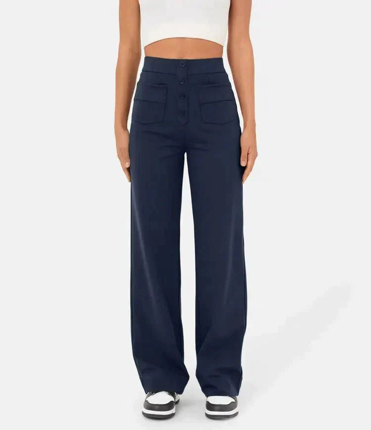 High waisted damesbroek elastisch met zakken en knoop – Zoe