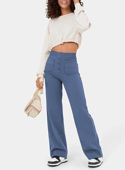 High waisted damesbroek elastisch met zakken en knoop – Zoe