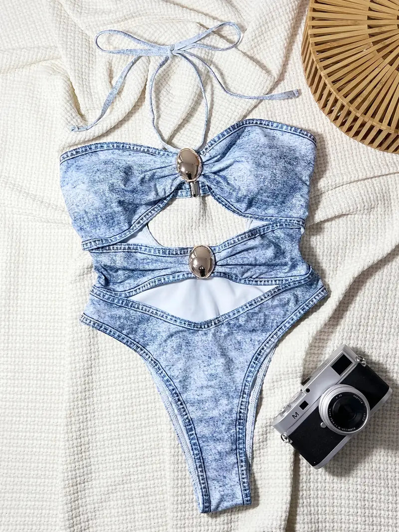 Denim Look Badpak met Strikdetail en Stretch – Zynora