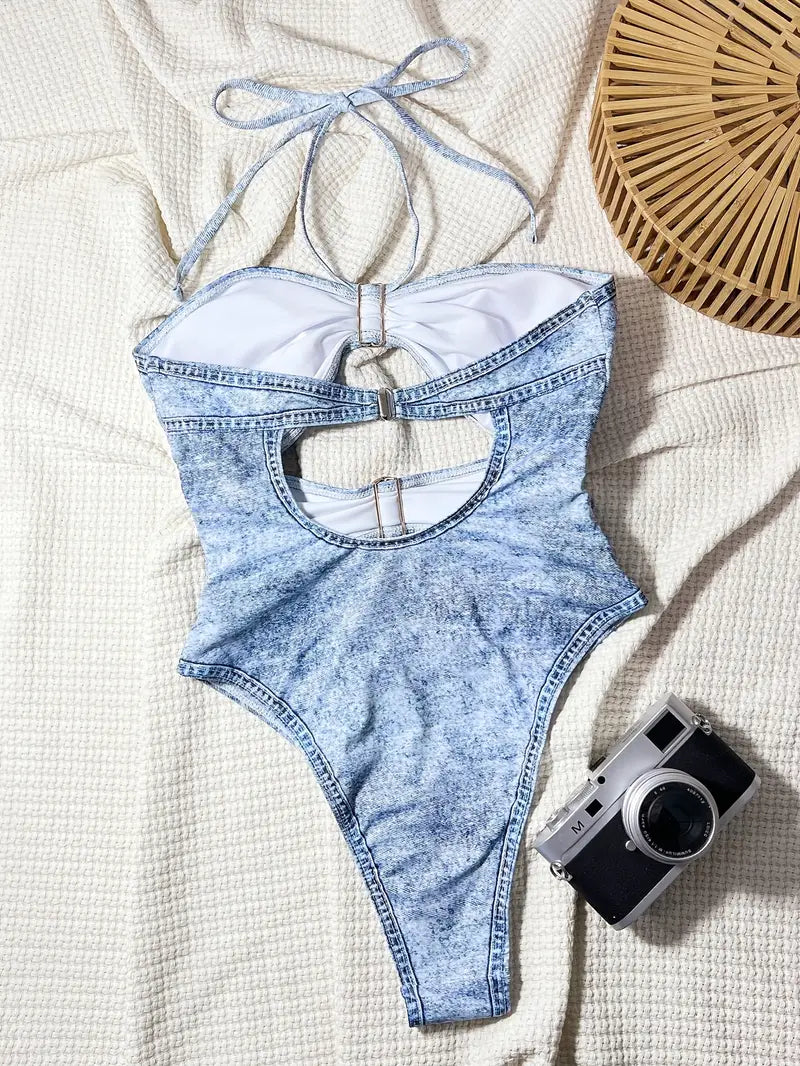 Denim Look Badpak met Strikdetail en Stretch – Zynora
