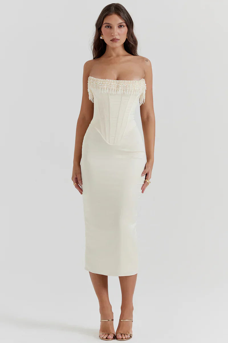 Maxi avondjurk met pareldetails voor dames – Yasmin