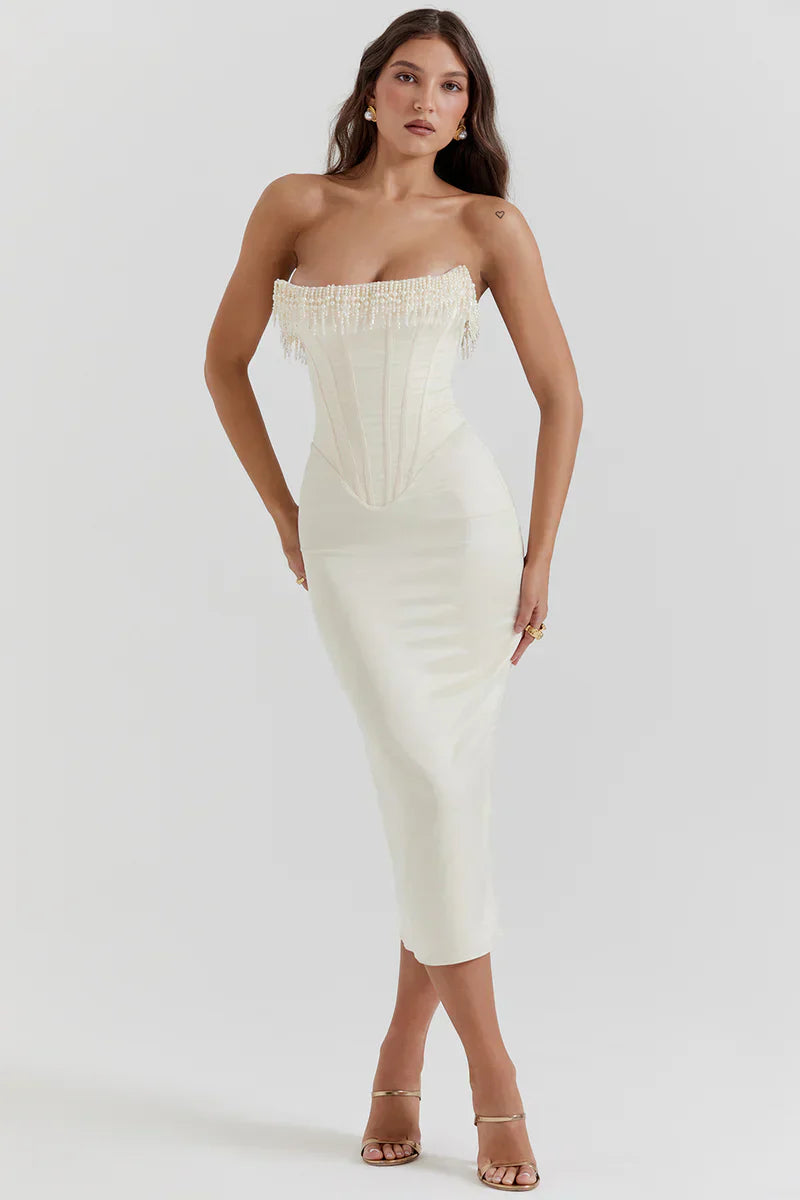 Maxi avondjurk met pareldetails voor dames – Yasmin