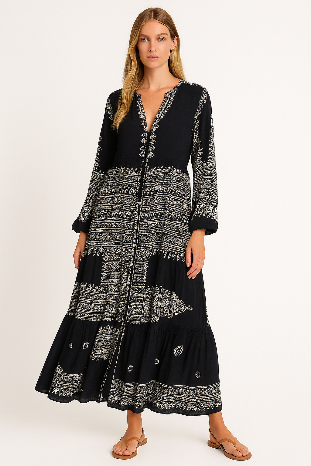 Maxi-jurk met V-hals en trompetmouwen – Mila