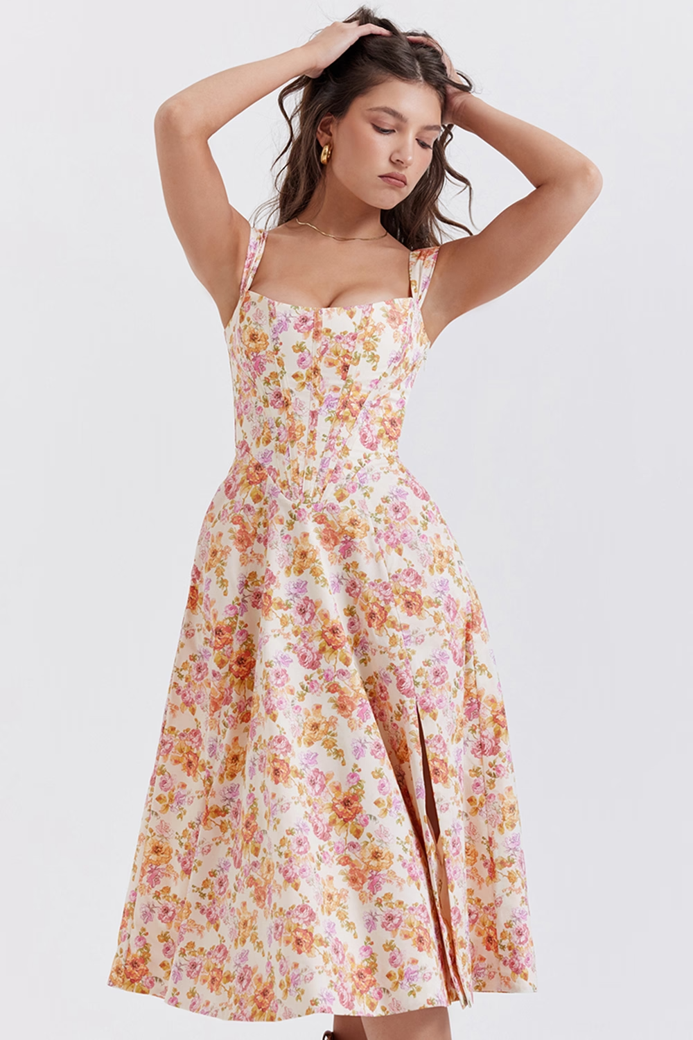 Bloemen midi jurk met corset en split dames – Loretta