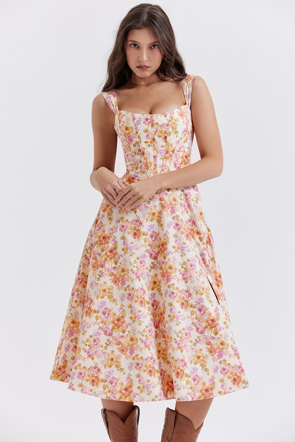 Bloemen midi jurk met corset en split dames – Loretta