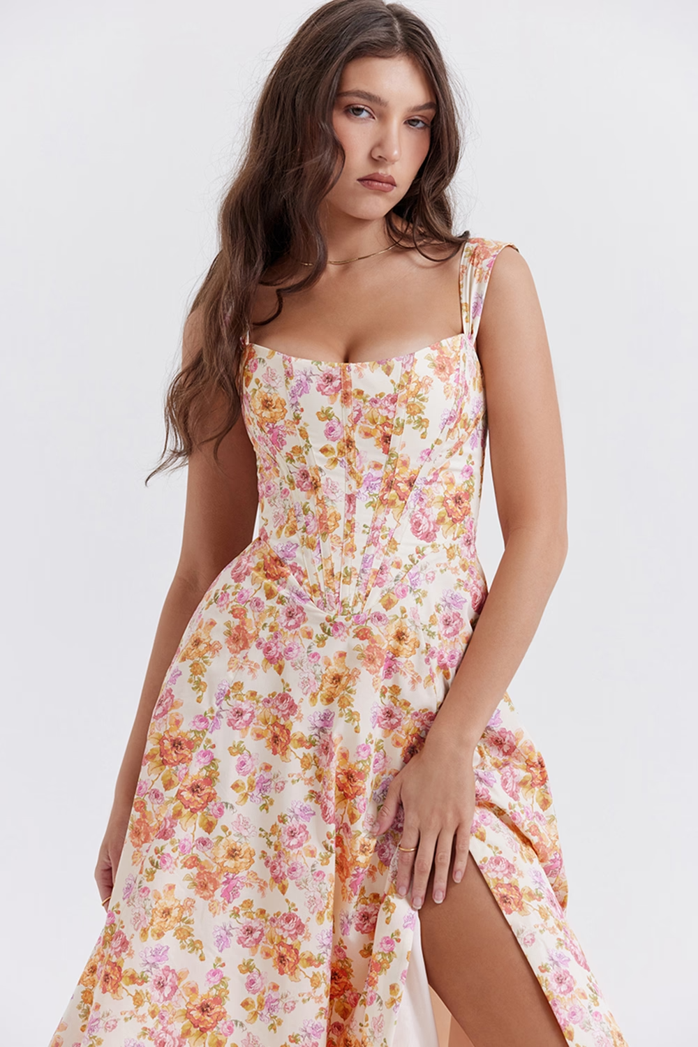 Bloemen midi jurk met corset en split dames – Loretta