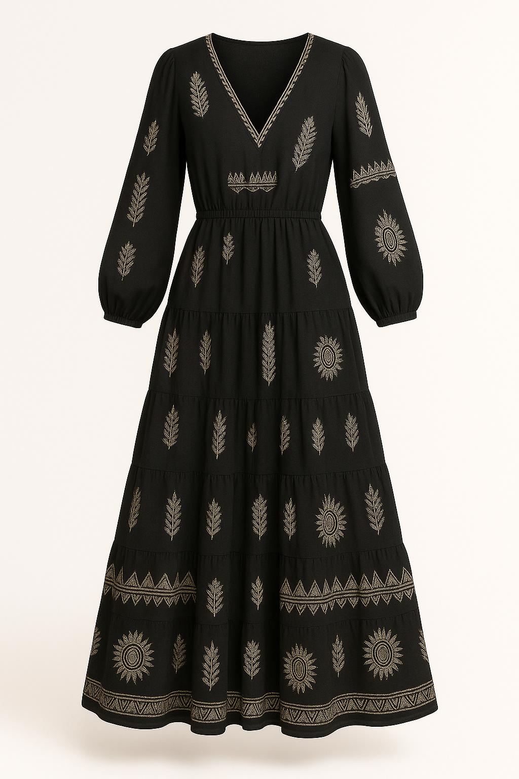 Maxi-jurk met V-hals en trompetmouwen – Serafina