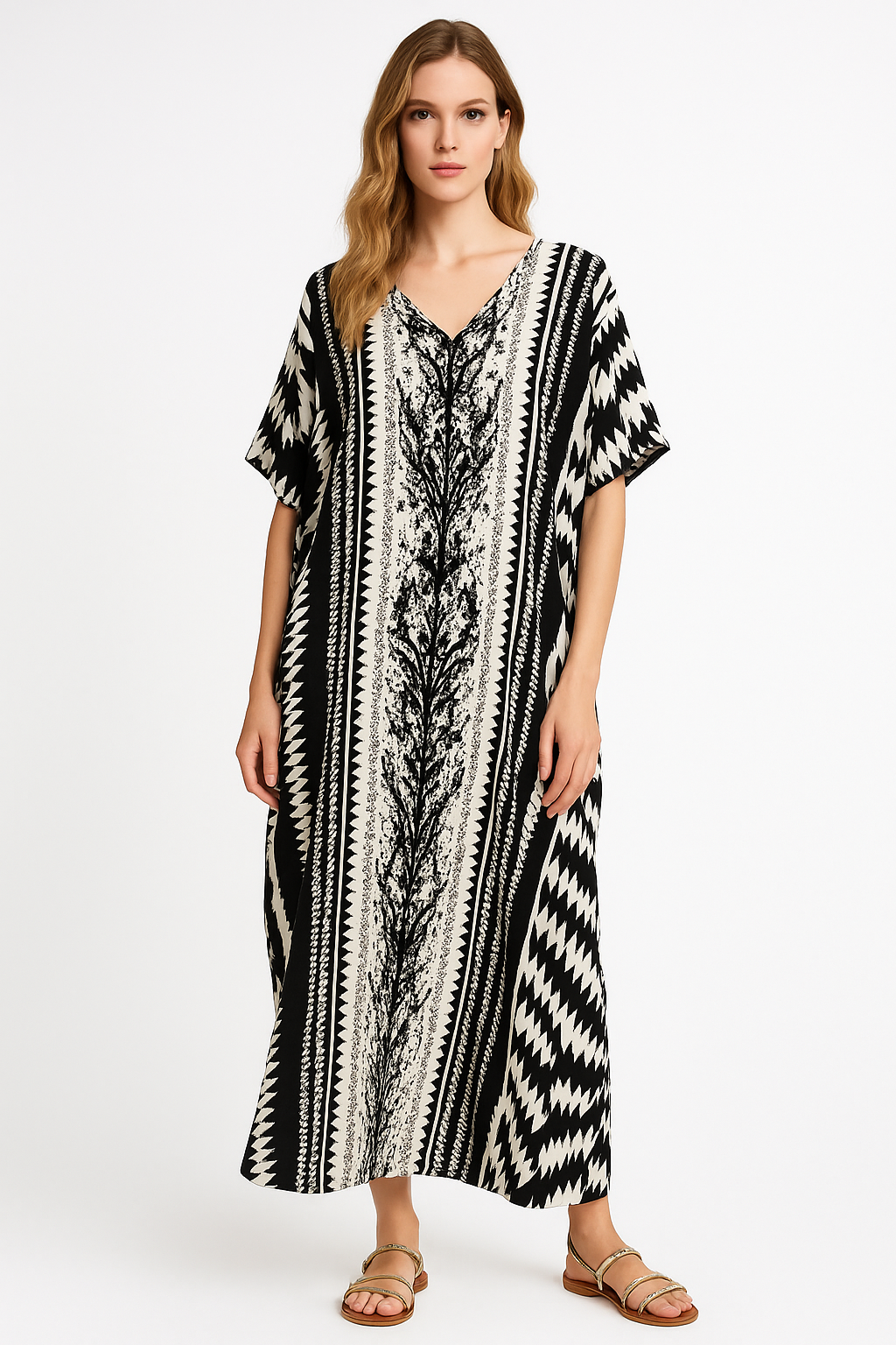 Etnische Zwart-Witte Kaftan Jurk voor Dames – Alenya