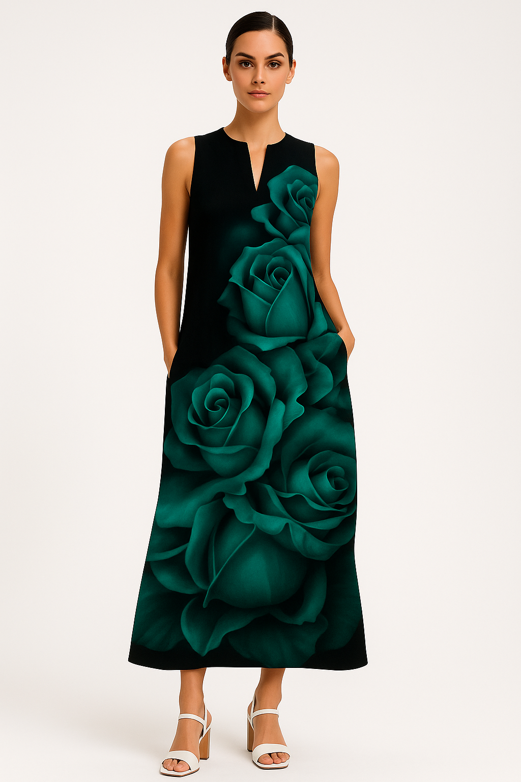 Turquoise damesjurk met glanseffect en taillering – Carolin