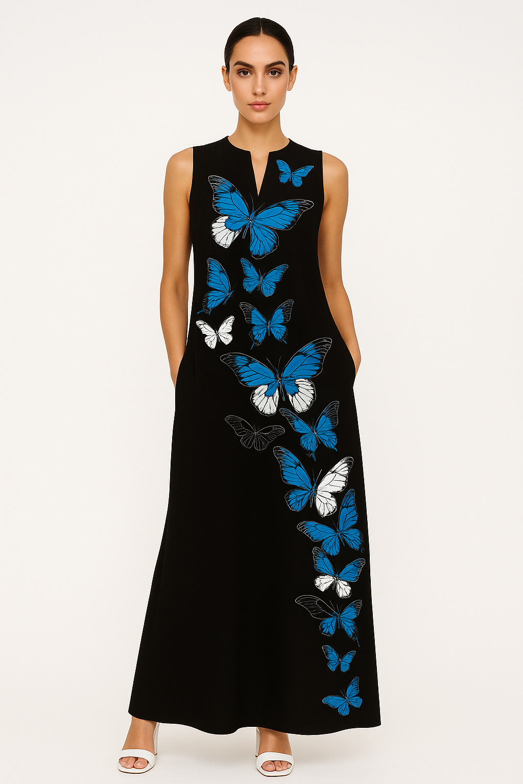 Turquoise damesjurk met glanseffect en taillering – Carolin