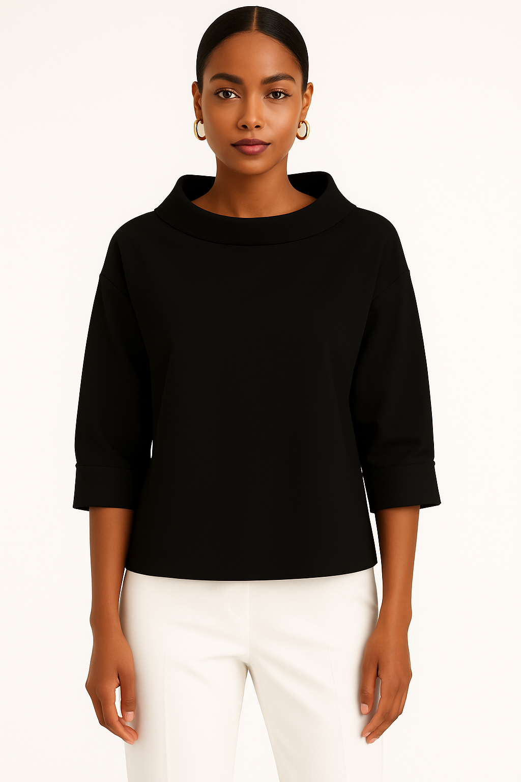 Casual top met effen revers en 3/4-mouwen – Miriam