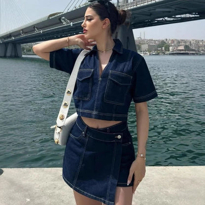 Denim dames set met broekrok en V-hals top – Zynari