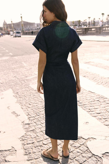 Denim midi jurk met knoopsluiting en zakken dames – Roxanne