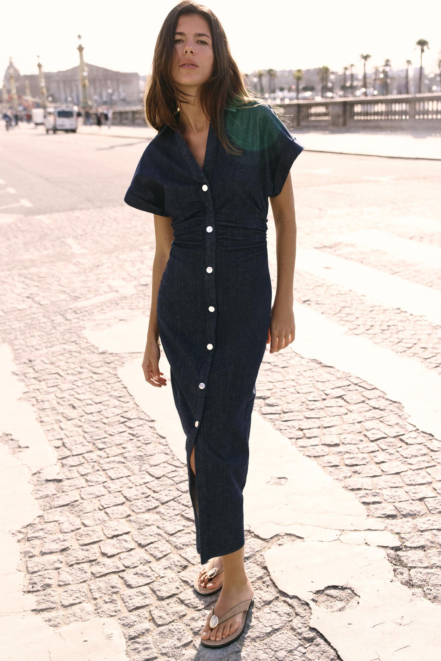 Denim midi jurk met knoopsluiting en zakken dames – Roxanne