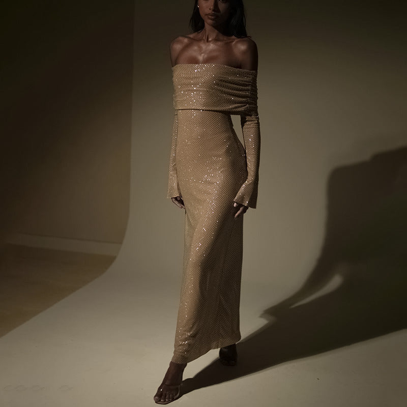 Off shoulder maxi jurk met glans en raglanmouwen – Elisia