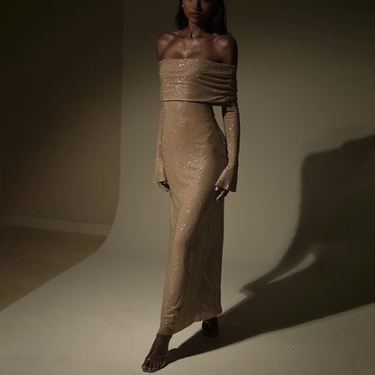 Off shoulder maxi jurk met glans en raglanmouwen – Elisia