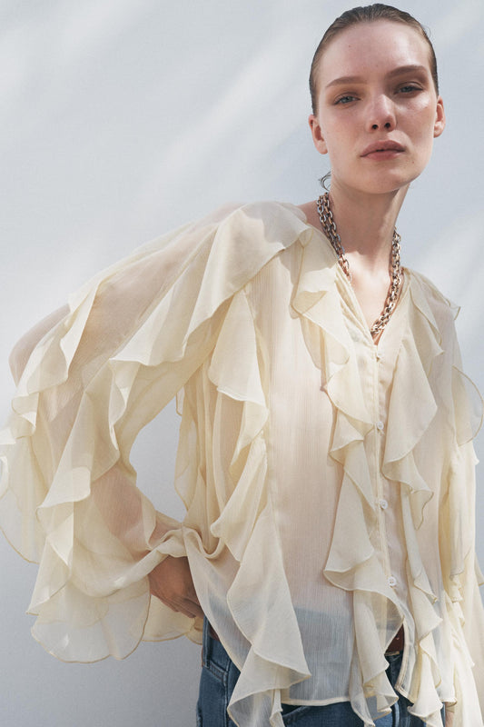 V-hals blouse met volants en luchtige pasvorm – Selina