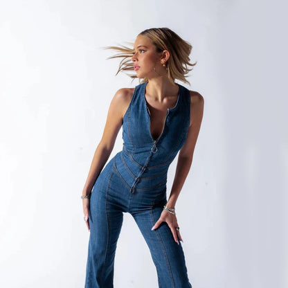 Denim jumpsuit met open rug voor dames – Roxanne