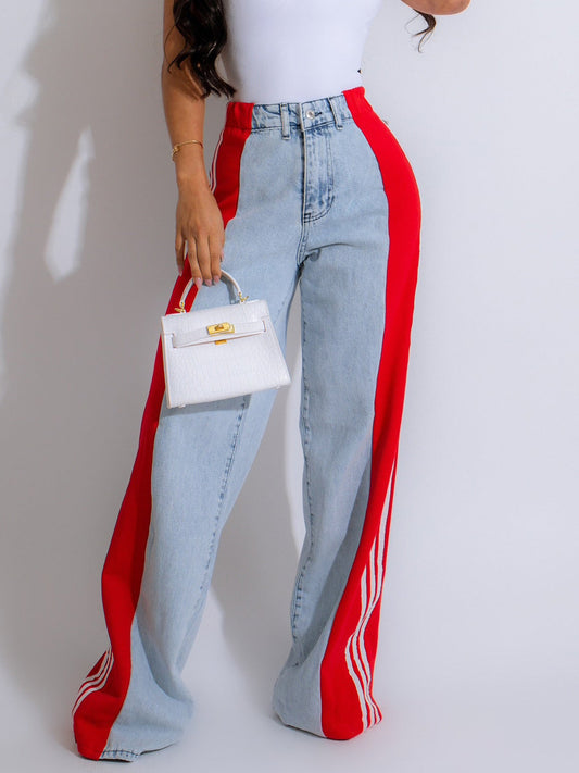 Trendy Wijde Denim Broek Met Strepen – Apple