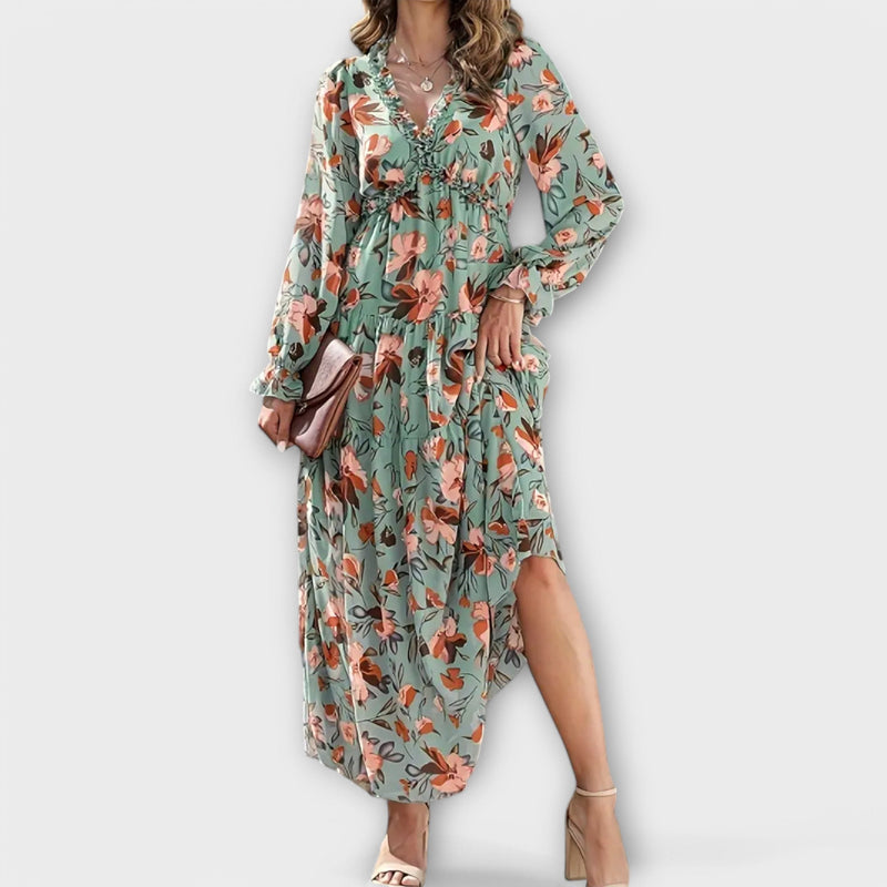 Maxi bloemenjurk V-hals elegant lange mouw – Fioroa