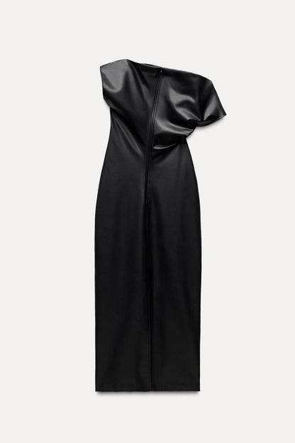 Elegantie met een Stoere Twist Faux Midi Jurk - NoirDrape