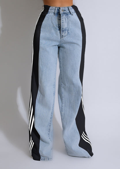 Trendy Wijde Denim Broek Met Strepen – Apple