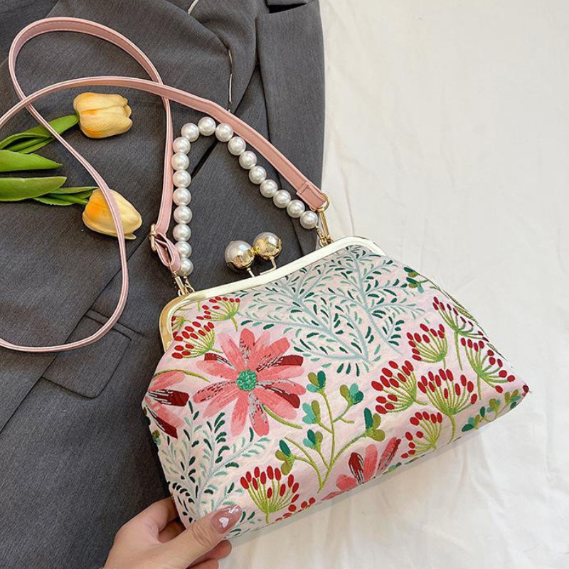 Bloemen clutch met parelketting voor dames – Alurelle