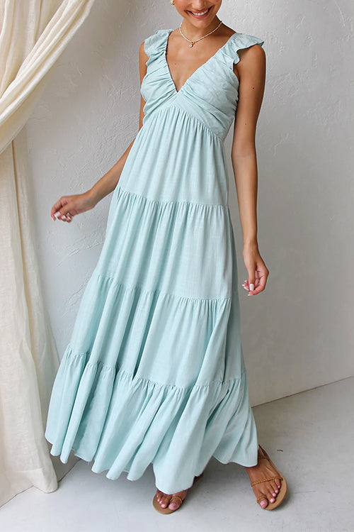 V-hals maxi-jurk met ruches voor dames in linnenmix – Elviera