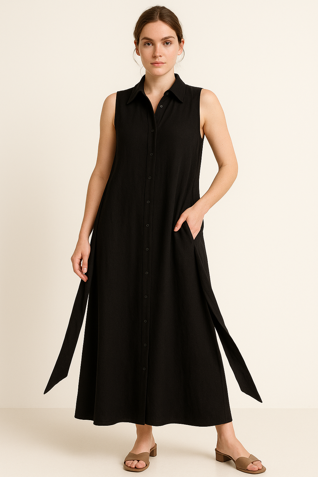 Shirt-style midi-jurk met strik in taille – Sophie
