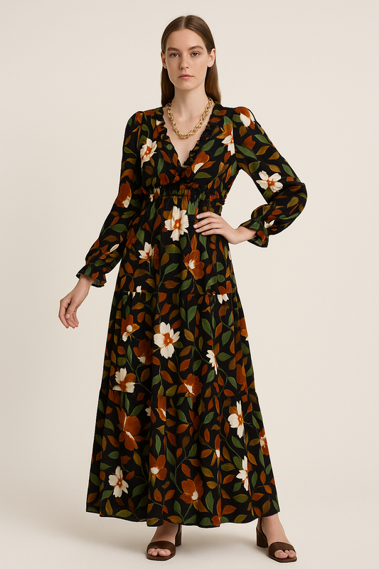 Maxi damesjurk met bloemenprint en V-hals – Helen