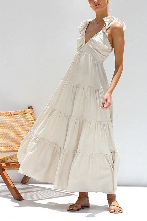 V-hals maxi-jurk met ruches voor dames in linnenmix – Elviera