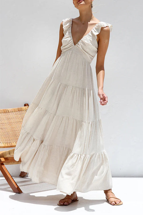 V-hals maxi-jurk met ruches voor dames in linnenmix – Elviera